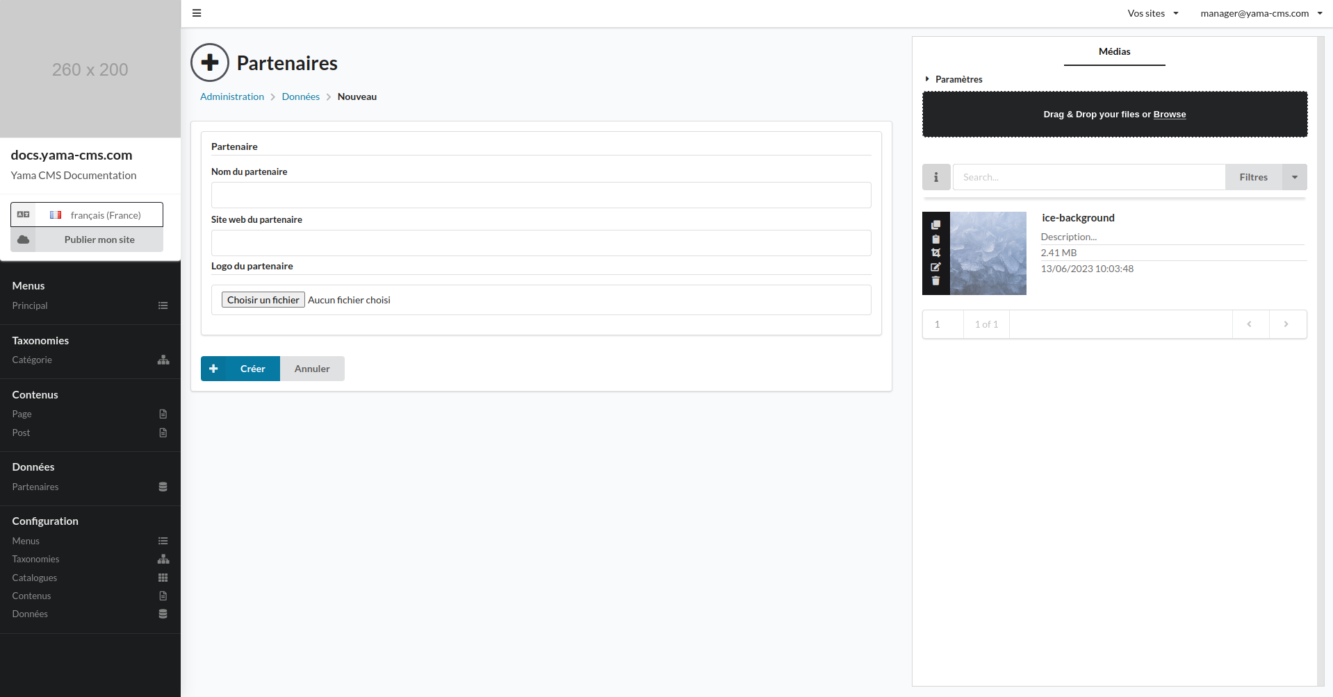 Capture d'écran de l'interface d'édition des data de type Partenaire